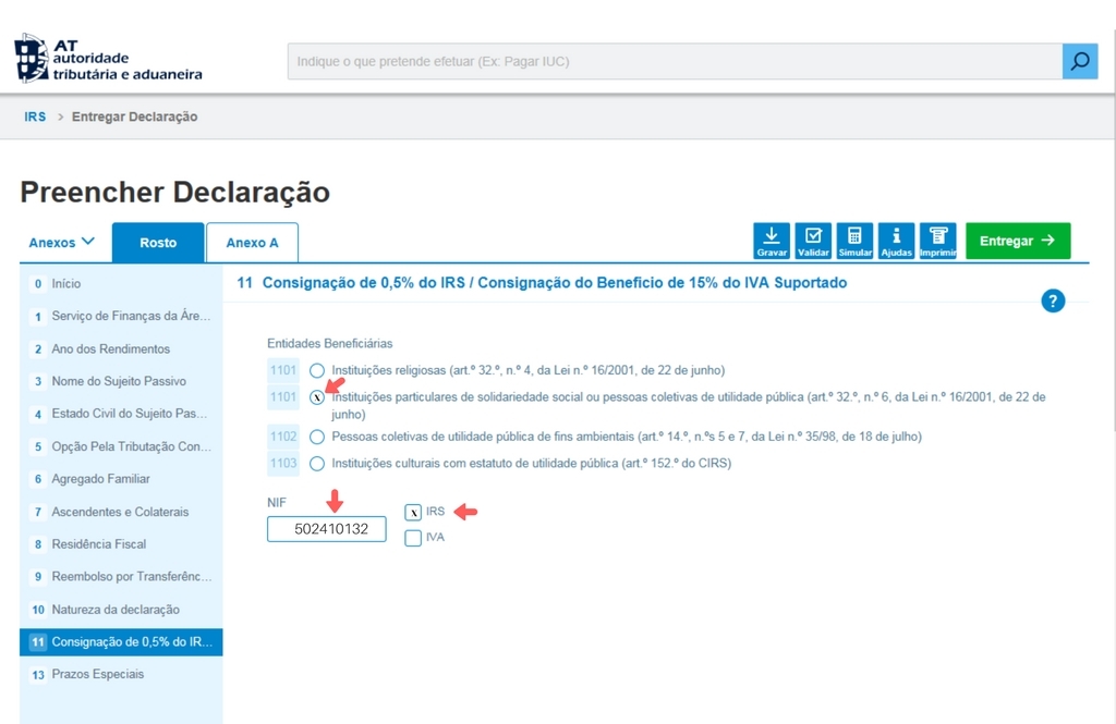 Print Screen da Declaração de IRS