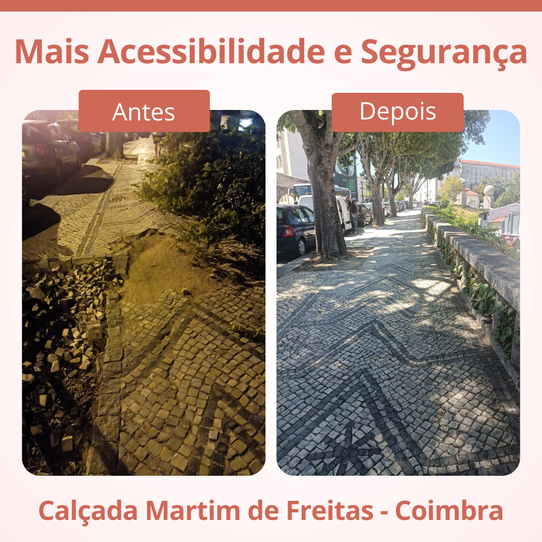 Fotografia do passeio pedonal antes e depois da reparação. Por cima, das imagens, o texto: Mais Acessibilidade e Segurança. Por baixo, a seguinte informação: Calçada Martim de Freitas - Coimbra