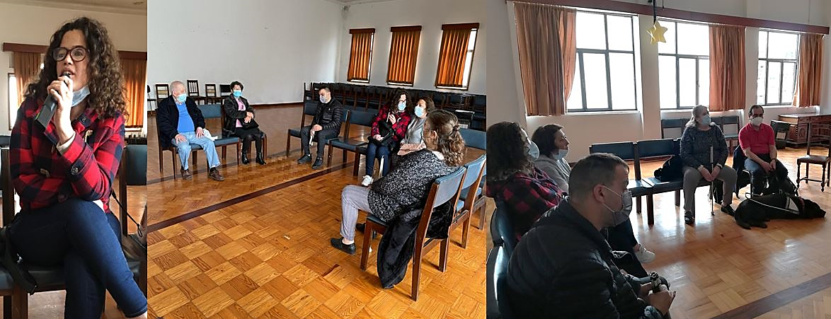 Composição de 3 fotografias dos participantes, sala paroquial da Igreja do Bonfim, local onde decorreu o encontro.