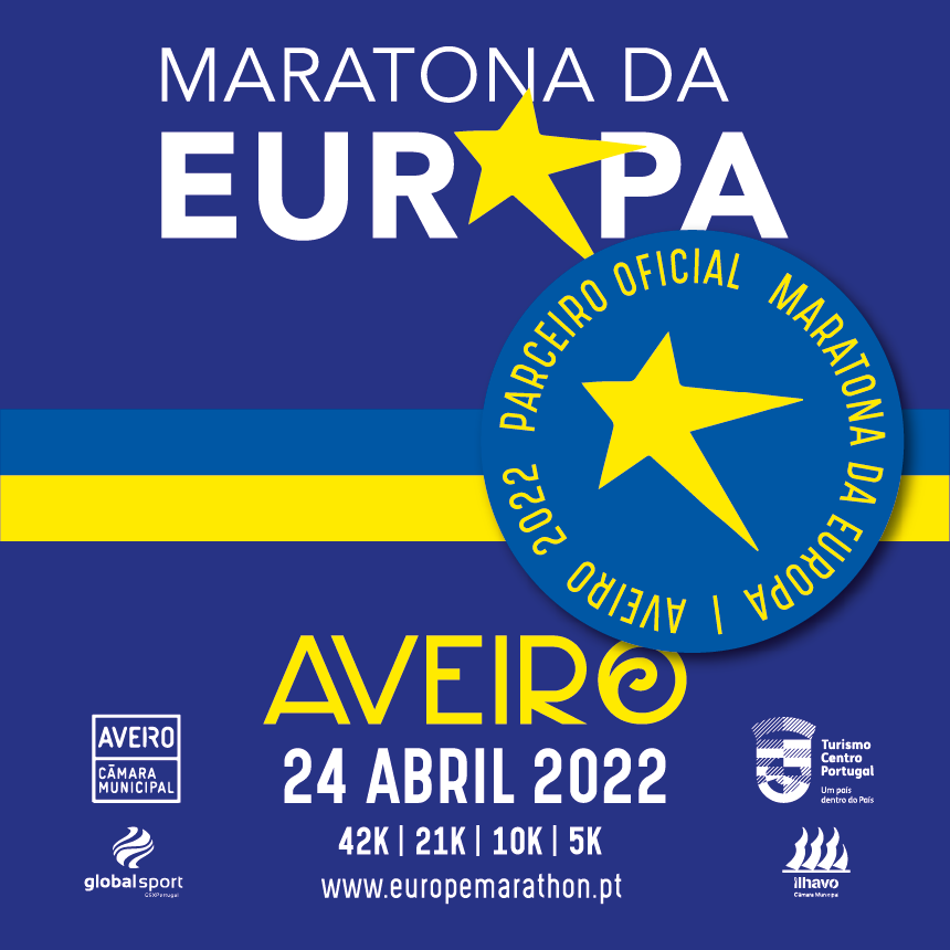 Imagem alusiva ao evento Maratona da Europa - Aveiro 24 abril 2022, 42k|21k|10k|5k. A imagem inclui os logotipos dos parceiros: Câmara Municipal de Aveiro, Câmara Municipal de Ílhavo, globalsport e Turismo Centro Portugal.