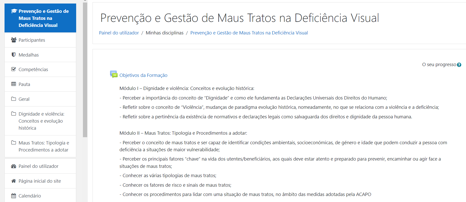 Imagem da plataforma de e-learning onde é possível ver-se os objetivos da formação e alguns dos módulos.  