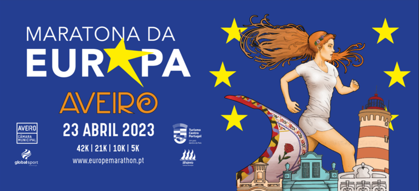 Imagem alusiva ao evento Maratona da Europa - Aveiro 23 abril 2023, 42k|21k|10k|5k. A imagem inclui os logotipos dos parceiros: Câmara Municipal de Aveiro, Câmara Municipal de Ílhavo, Globalsport e Turismo Centro Portugal.