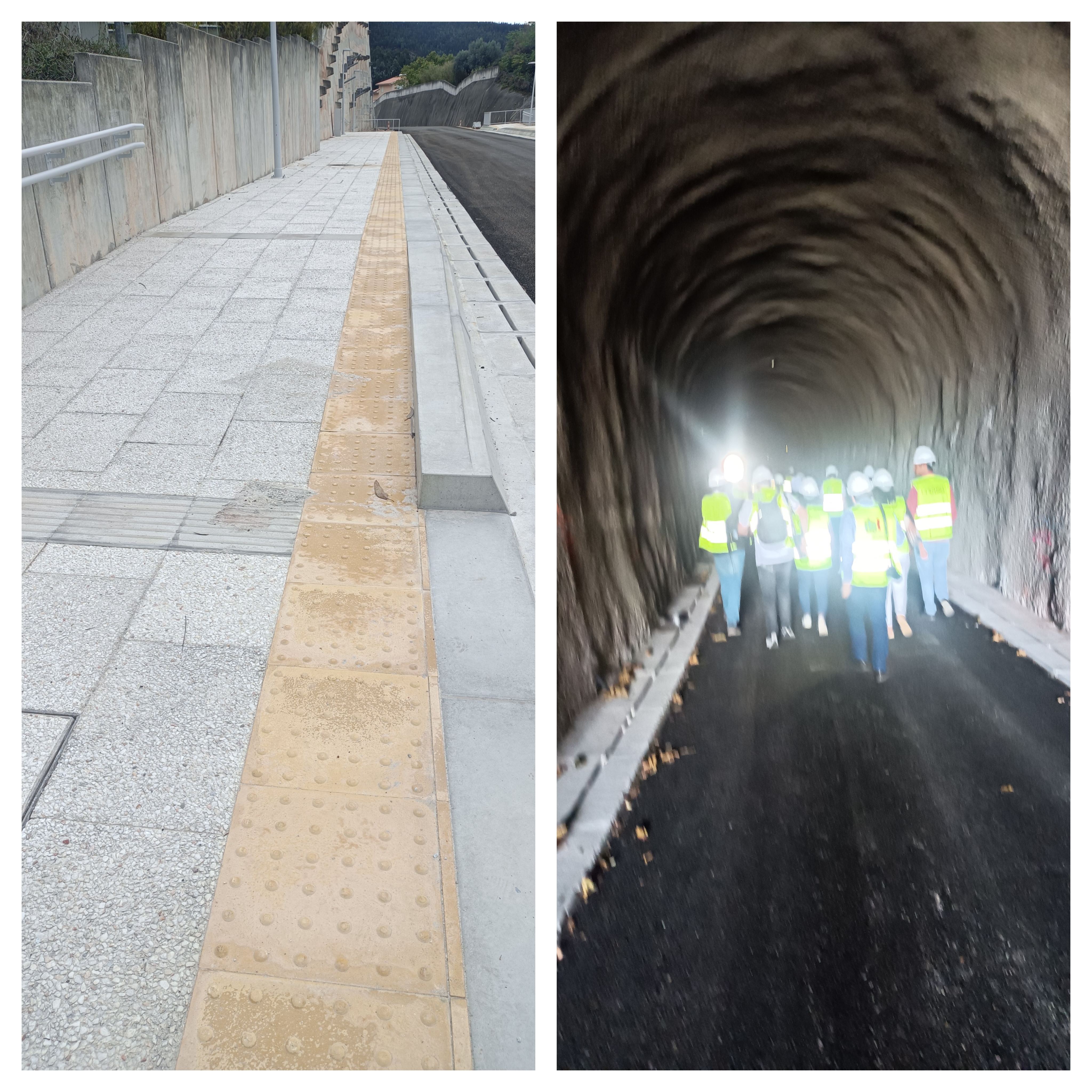 Montagem de duas fotografias onde é possível ver-se as obras do SMM. Numa das fotografias vê-se o grupo a percorrer o túnel de uma das linhas.