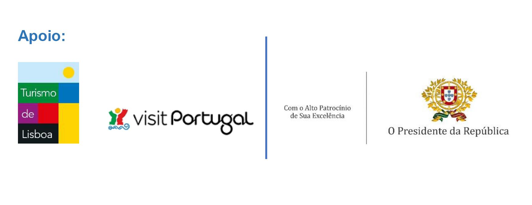 Da esq. para a direita: Logotipo do Turismo de Lisboa, Logotipo Visit Portugal (Turismo de Portugal), chancela do Alto Patrocínio de Sua Excelência O Presidente da República