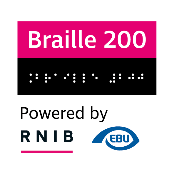 Barra cor-de-rosa dentro da qual está escrito Braille 200. Por baixo, uma barra preta com a mesma informação em caracteres Braille, seguida por uma barra branca onde constam os logotipos da RNIB e da EBU.