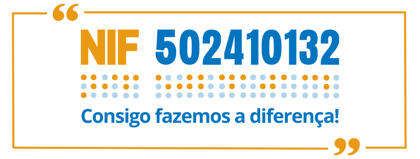 Fundo branco, com contorno laranja. No interior, a tinta e em caracteres Braille, em tons azul e laranja, a informação: NIF 502410132. Por baixo, em azul, a frase: Consigo fazemos a diferença!