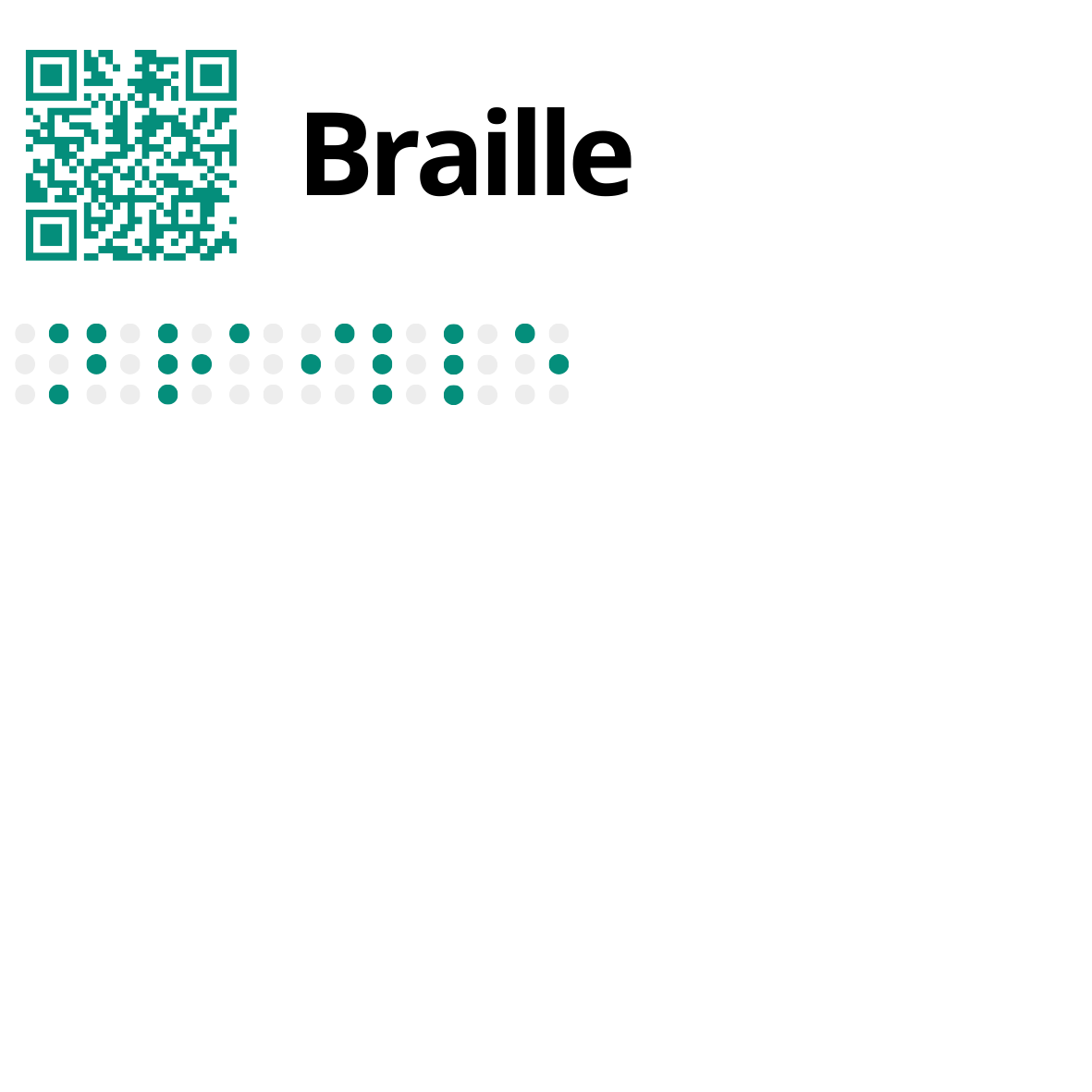 No canto superior esquerdo está um QR Code, em tom verde, seguido pela palavra a tinta, a preto: Braille. Por baixo, também em verde, a mesma palavra com os caracteres Braille a tinta.