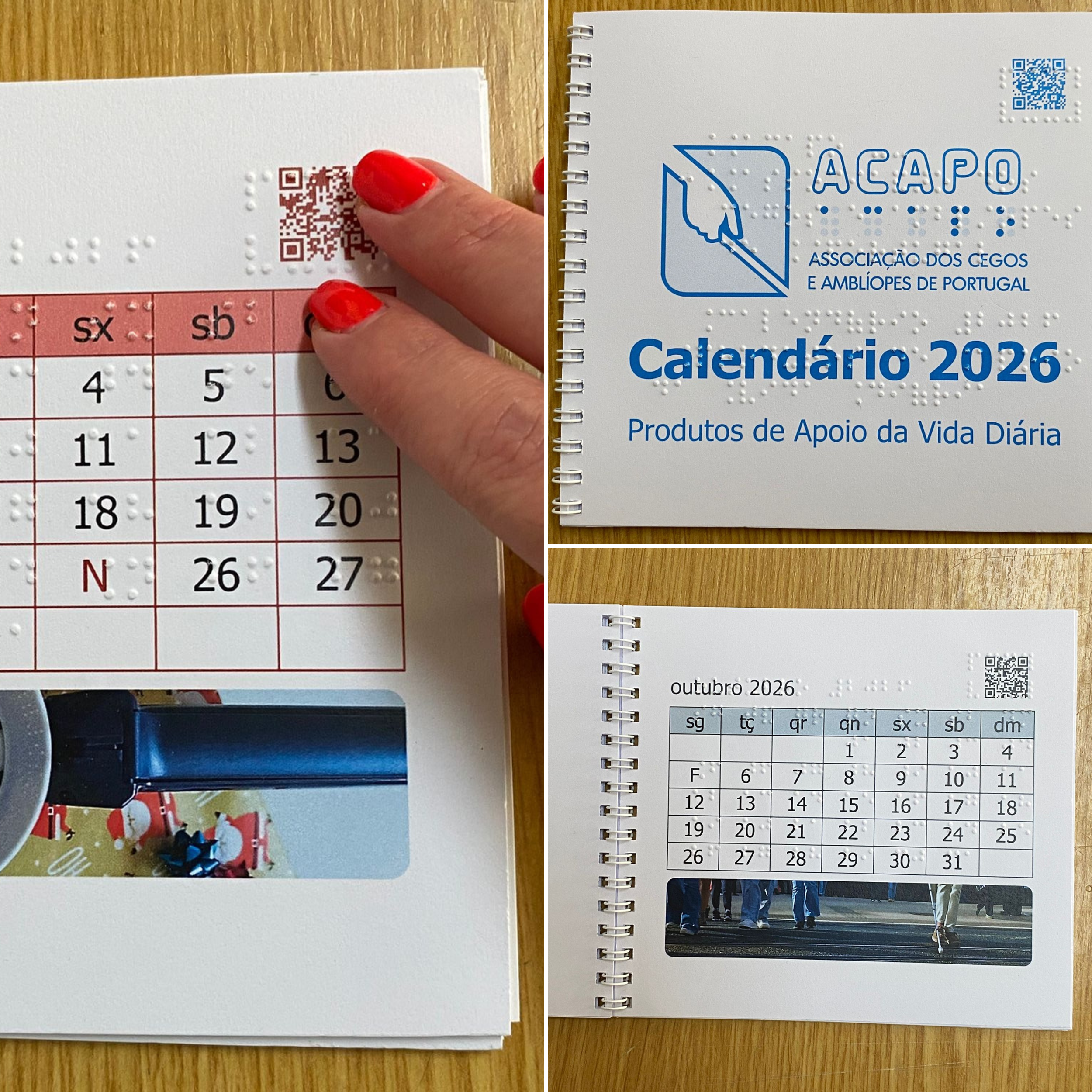 Calendário 2026 ACAPO - Livro Composição de 3 fotografias do calendário em formato livro em cima de uma mesa.