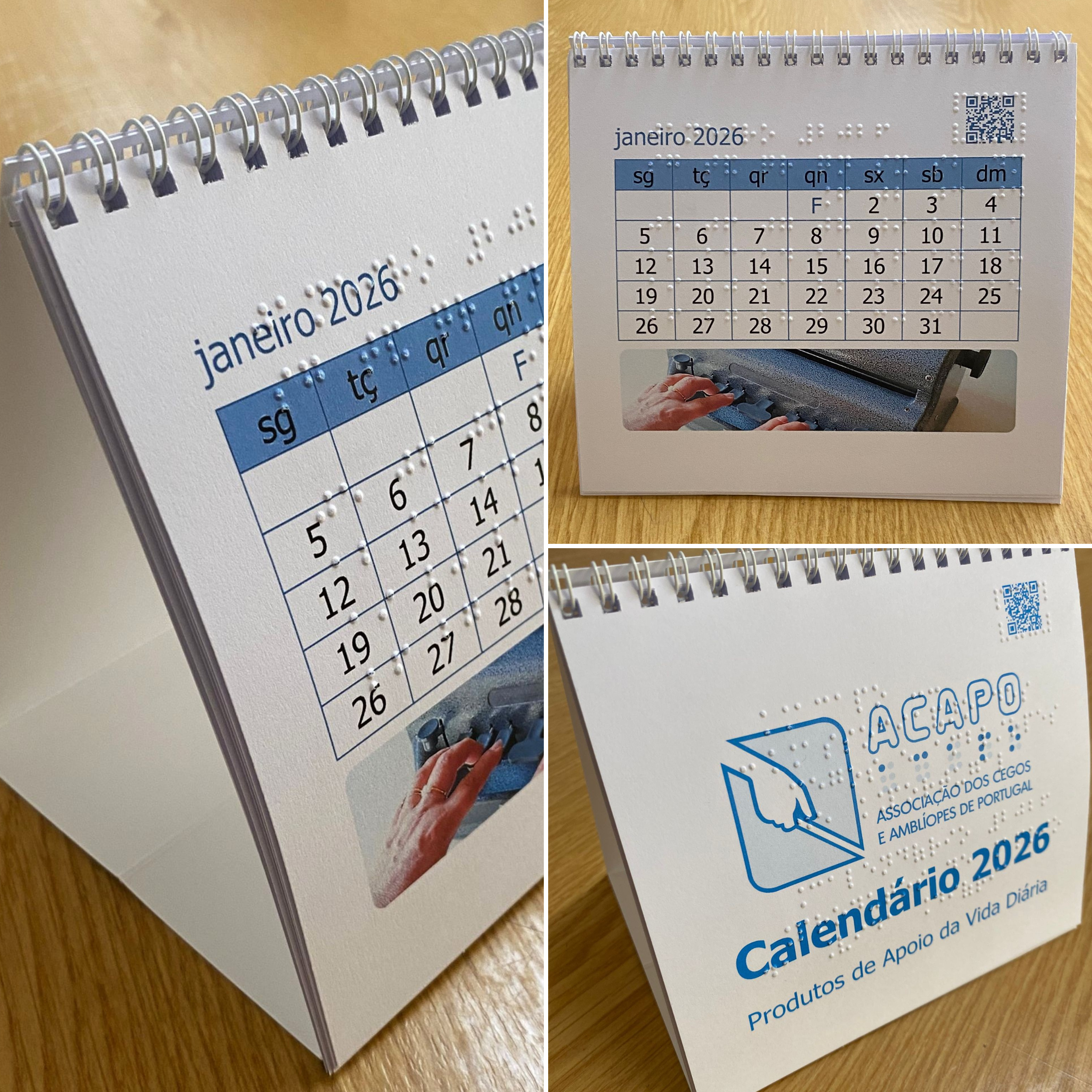 Calendário 2026 ACAPO - Secretária Composição de 3 fotografias do calendário de secretária em cima de uma mesa.