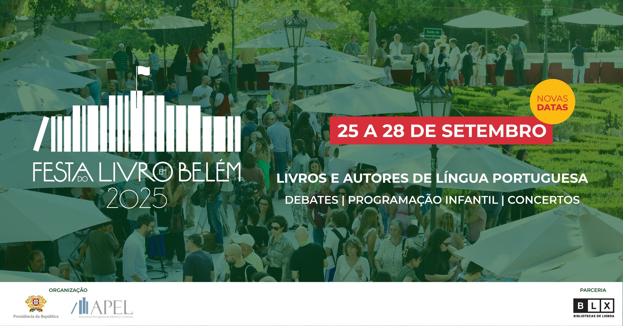 Como imagem de fundo, fotografia de um jardim com mesas, vendo-se muitas pessoas a passear. A imagem contém um filtro verde sobre o qual estão escritas a branco as informações sobre o evento. 