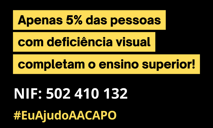 Texto a preto, com realce em amarelo, sobre fundo preto: Apenas 5% das pessoas com deficiência visual completam o ensino superior! Por baixo, a branco: Ajude-nos a mudar este número. NIF:502410132. Consigne o seu IRS/IVA à ACAPO. #EuAjudoAACAPO