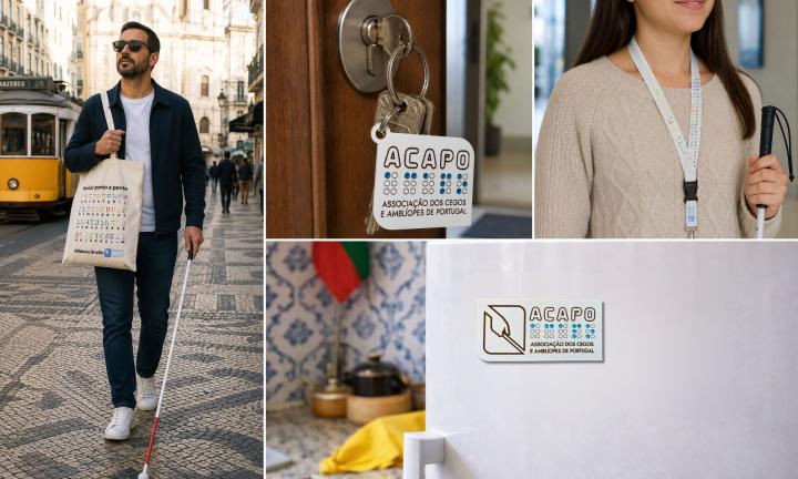 Composição de quatro fotografias dos novos artigos: tote bag e fita de pescoço com o alfabeto Braille e porta-chaves e íman em MDF com o logotipo da ACAPO.