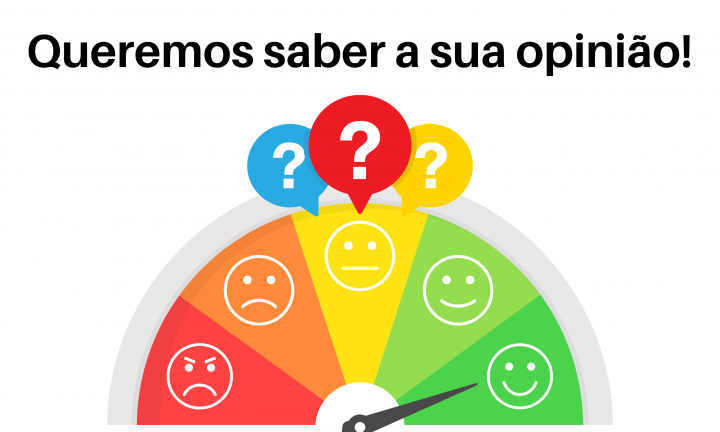 Gráfico de ponteiro alusivo aos níveis de satisfação. Para cada nível, existe uma imagem de um smile que corresponde à satisfação. Por cima do gráfico, 3 pontos de interrogação e o texto: Queremos saber a sua opinião!