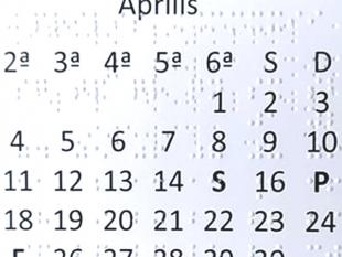 Imagem ilustrativa do calendário na versão simples em que todos os meses são iguais, sendo as datas apresentadas sem linhas a separar os dias